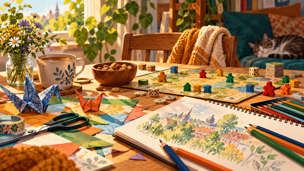 KI-Illustration: Bastelmaterial, Skizzenbuch und Brettspiel auf einem sonnigen Tisch.